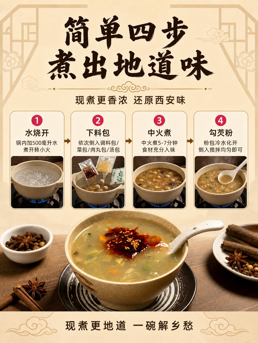 电商详情页食用方法页，西安肉丸胡辣汤正确煮制步骤。参考原图的国… - 图片创意预览