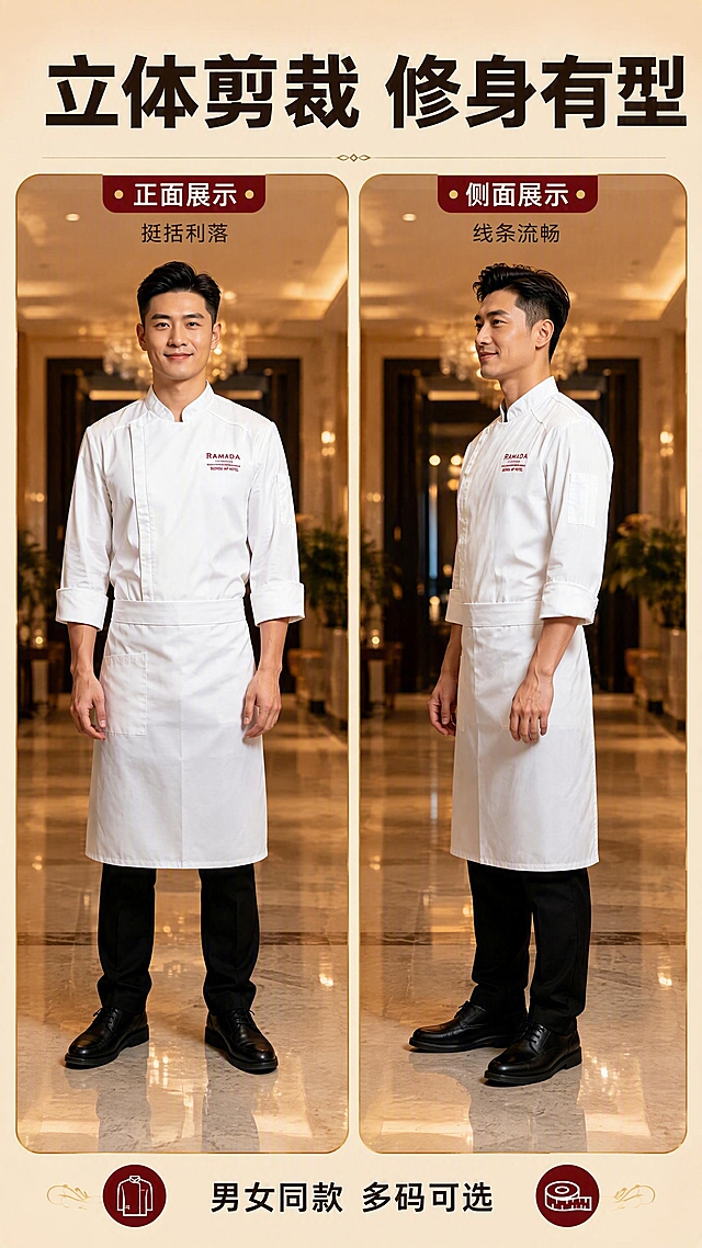[商品] 使用【图1】白色长袖立领厨师服及围裙全身；保留服装版型、颜色、Logo与全部结构；展示正面、侧面两个角度的穿搭效果。
[画面] 目标：穿搭效果页，多角度展示整体版型与修身效果。构图：左右分栏，左正面右侧面。景别：全景。阅读动线：从左到右对比浏览两个角度。前中后景：前景人物全身、中景地面倒影、后景高端酒店环境虚化。场景：高端酒店走廊或餐厅入口，暖光环境。
[视觉] 套系策略：风格=高端酒店餐饮商业摄影风；标题字=粗黑体；正文字=简洁黑体；主色=纯净白；背景延展=暖金棕调酒店环境、深浅同色系渐变；强调色=酒红金，仅用于角度标签和图标；标题色=深棕黑；正文色=暖灰棕；组件=角度标签条、圆角分隔框；光影=侧前暖柔光，塑造服装立体感与版型线条。
[文字] 顶部主标题"立体剪裁 修身有型"，左右分别标注：正面展示 挺括利落、侧面展示 线条流畅；底部补充"男女同款 多码可选"；文字横向排版，不遮挡人物与服装。
[规格] 图片比例9:16竖版，4K，避免变形、错字、文字过小、服装颜色改变、版型失真、极限词。