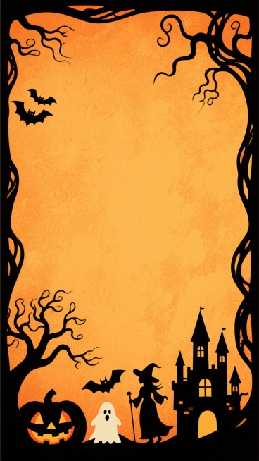 橙黄色复古纹理背景，四周装饰有黑色剪影风格的万圣节元素，包括底部的南瓜灯、幽灵、蝙蝠、女巫剪影、城堡和扭曲的树木，整体呈现出节日氛围和装饰感。预览效果