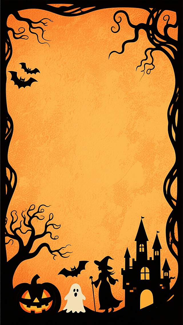 橙黄色复古纹理背景，四周装饰有黑色剪影风格的万圣节元素，包括底部的南瓜灯、幽灵、蝙蝠、女巫剪影、城堡和扭曲的树木，整体呈现出节日氛围和装饰感。