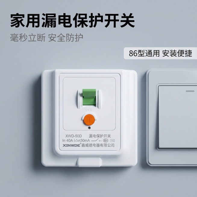 86型漏电保护器主图，简约严谨家用配电风格，产品外观与输入图片完全一致，安装在白色家用墙面配电区域，旁侧搭配浅色开关面板，柔和均匀室内冷白光，光影干净利落，背景铺满全屏无边框。配色主色调为白色、产品绿预览效果