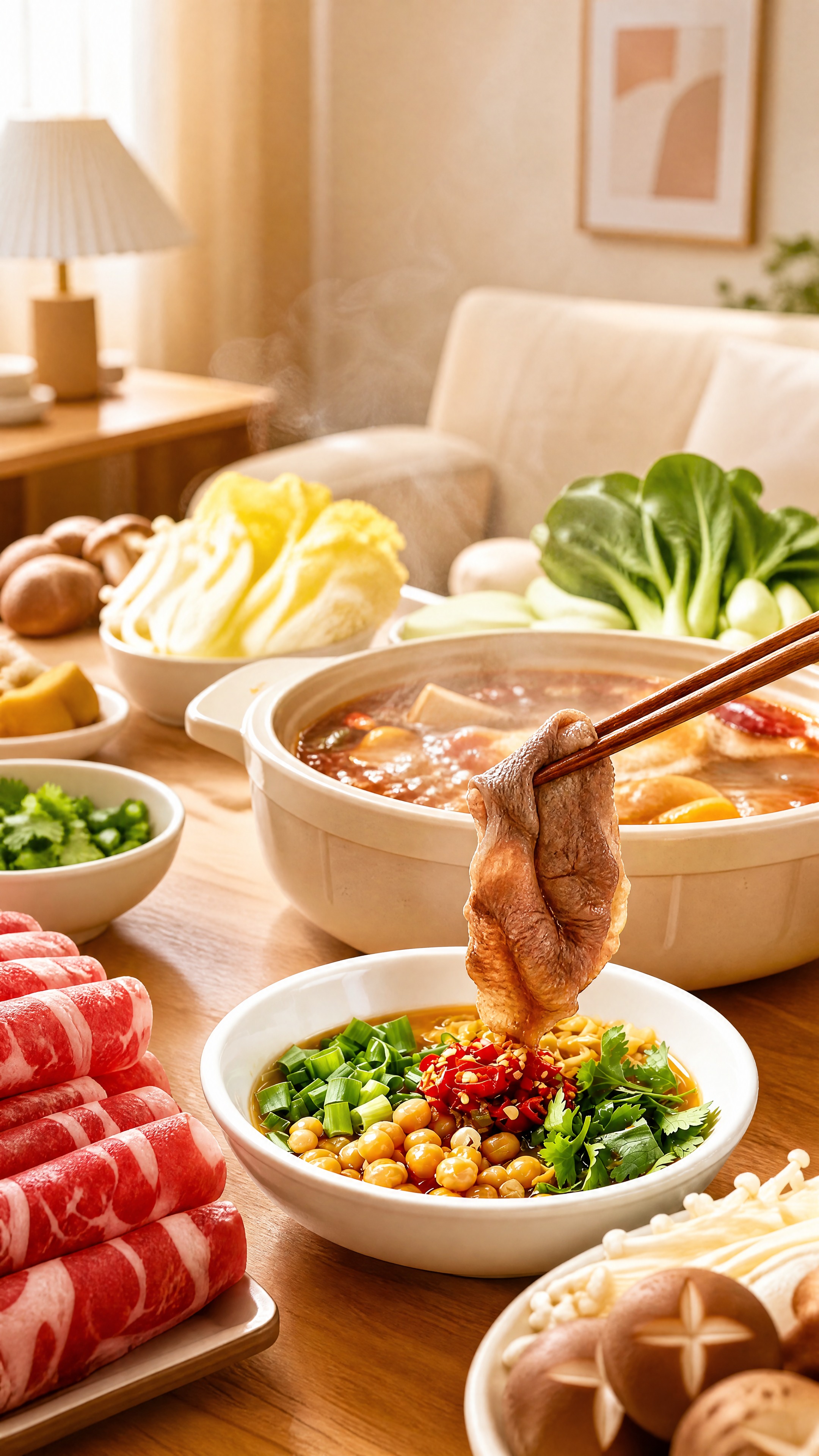 电商详情页场景图，居家火锅场景，没有人物，周围是浅色家具，一张… - 图片创意预览