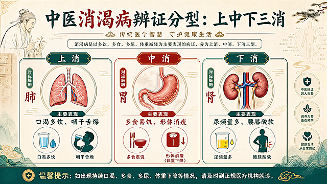 中医消渴科普知识宣传横版海报，标题为" + ""中医消渴病辨证分型：上中下三消"，整体风格为传统与现代结合的医疗科普风，清晰展示三阶段对应脏腑与典型表现，不涉及具体处方，仅做健康知识传播