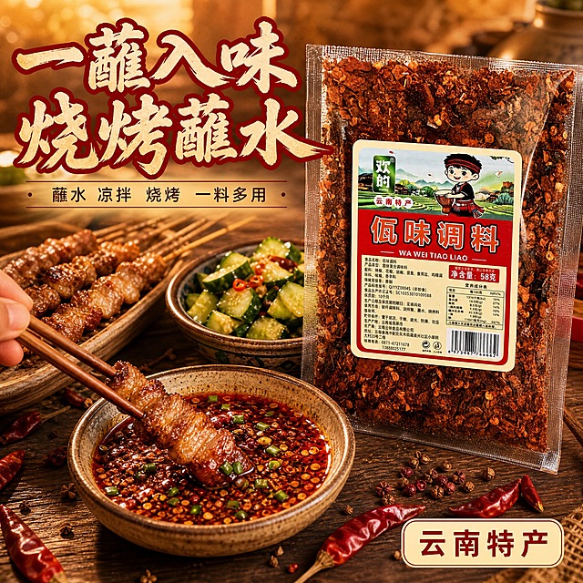 【主图-4】使用场景体验图，展示蘸水与烧烤食用场景，增强代入感。
【统一基调】云南地域风情暖色食欲感电商主图；背景主色为暖米黄与深棕木色自然过渡；主标题字色米白暖金并加深红描边；辅助文字深棕色；强调色正红与金黄；主标题使用粗笔刷书法字，辅助文案使用清爽细黑体；信息组件使用圆角小标签和印章式点缀；满版无边框构图。
【画面】以产品图为基础，云南佤味调料58克透明袋立于画面右侧，露出米黄红标签；画面左侧为云南风格餐桌烧烤场景：一只粗陶小碗盛着调好的红油蘸水，表面浮着辣椒面和葱花，旁边放一串烤五花肉和一小碟凉拌黄瓜，一双木筷从画面左下角伸入轻夹烤串准备蘸取；桌面上散落少许干辣椒和花椒粒；产品袋与食物处于同一平面，接触关系真实自然。
【光影质感】傍晚暖光与炭火柔光氛围，食物油亮有食欲，蘸水表面有细腻油光，产品透明包装保留真实反光与接触阴影。
【配色】沿用统一基调，暖黄灯光、深棕木桌、正红辣椒与金黄油光点缀，氛围温暖。
【文字版式】画面左上方负空间排布主标题“一蘸入味 烧烤蘸水”，粗笔刷书法字米白暖金加红描边；下方辅助文案“蘸水 凉拌 烧烤 一料多用”，细黑体深棕色；右下角小圆角标签“云南特产”；文字不遮挡产品和食物。
【输出要求】比例1:1，产品外观与输入图一致，手部筷子动作自然无畸形，禁止变形、错字、模糊、多余手指、肢体穿模、水印、平台Logo。