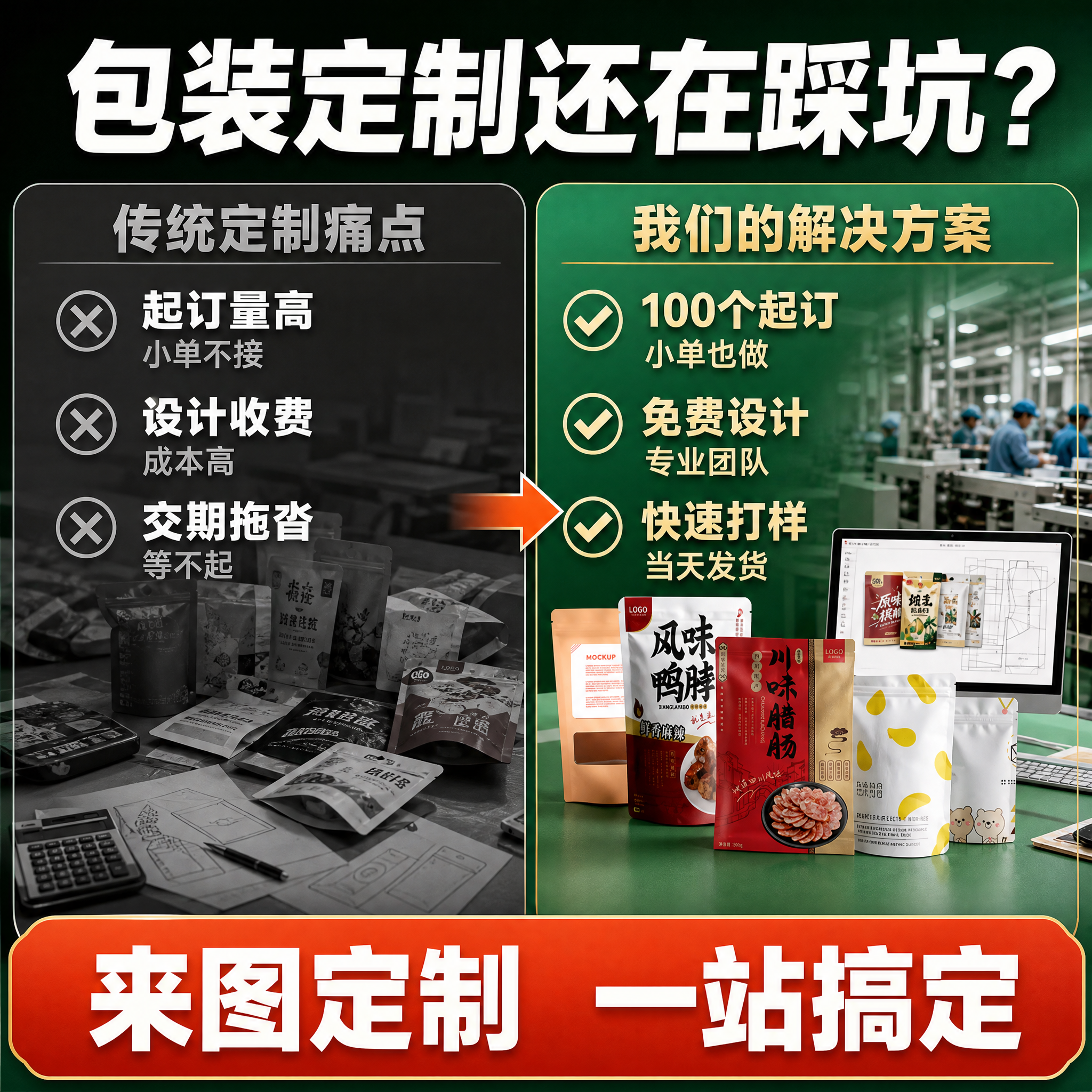 [主图-2] 痛点与目标场景，核心任务：直击商家包装定制痛点，… - 图片创意预览