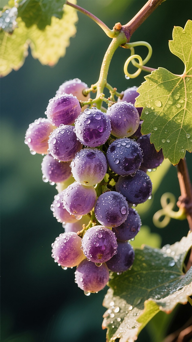 超高细节写实摄影，一串饱满剔透的紫色葡萄悬挂在藤蔓上，果实表面覆盖着天然的白色果粉，阳光照射下呈现出半透明的紫水晶质感，藤蔓上还残留着几片嫩绿的卷须和锯齿状嫩叶，水珠凝结在圆润的葡萄表面和叶脉间，侧逆光勾勒出果实的金色轮廓，背景是虚化的深绿色葡萄叶形成自然的浅景深，晨露在叶片边缘闪烁如钻石般的光芒，清晰可见的葡萄皮纹理与果脐细节，光影层次丰富，整体散发着清新湿润的田园气息与成熟果实的甜美感。