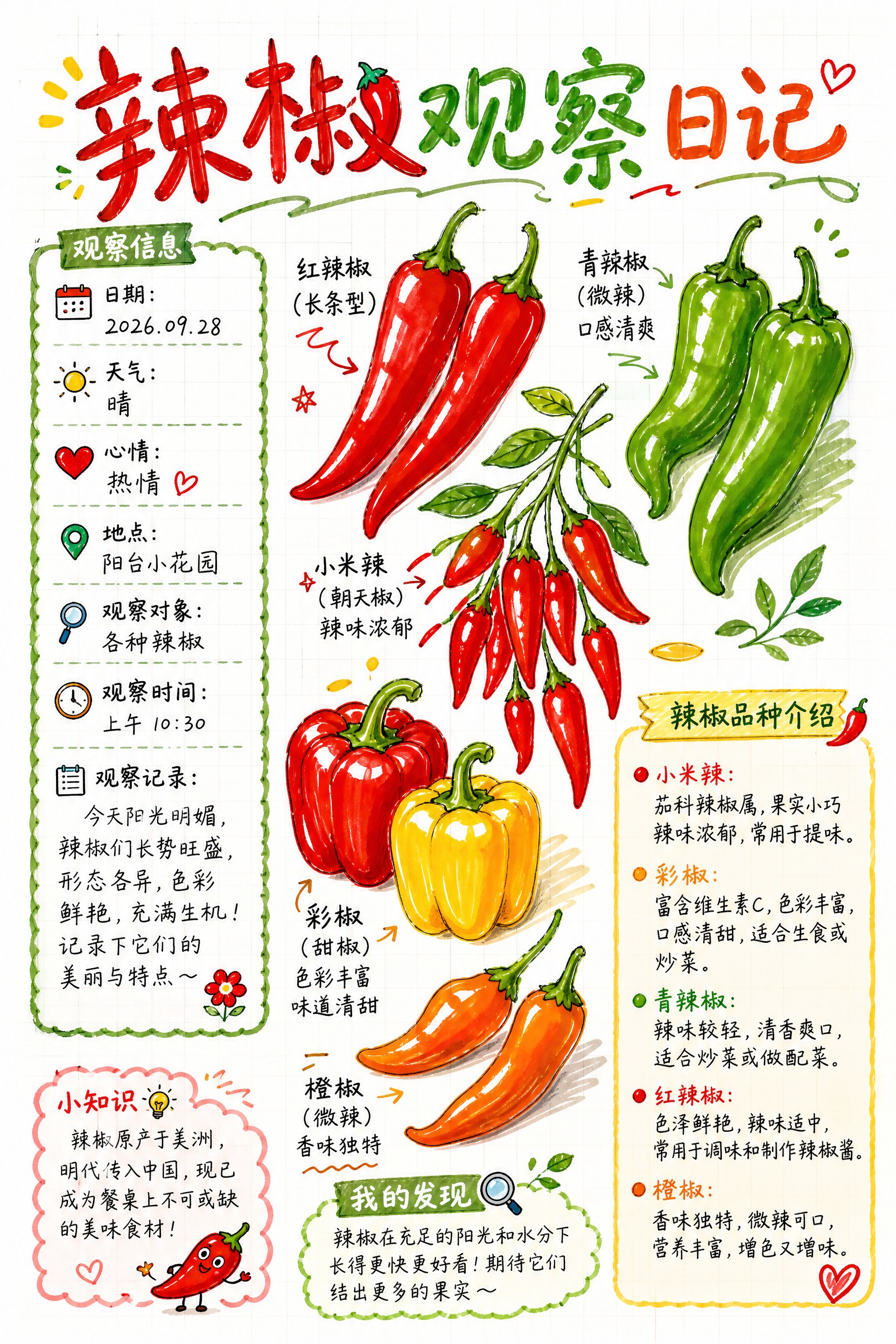 马克笔手绘风格的辣椒观察日记海报，纯白色背景，A4竖版构图。画… - 图片创意预览