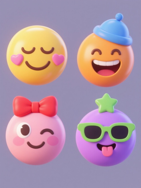 一组四个不同造型的微笑表情符号系列素材，保持3D立体风格，光滑圆润的表面质感，温暖明亮的渐变色调，柔和的高光和自然阴影效果，每个表情都带有独特的微笑元素：第一个是闭着眼睛、脸颊两侧有粉色心形的黄色笑脸，第二个是戴着蓝色小帽子、嘴角上扬露出牙齿的橙色笑脸，第三个是戴着红色蝴蝶结、眼睛弯成月牙形的粉色笑脸，第四个是戴着绿色星星眼镜、舌头微微伸出的紫色笑脸，所有表情符号规整地排列在纯色背景上，视觉层……预览效果