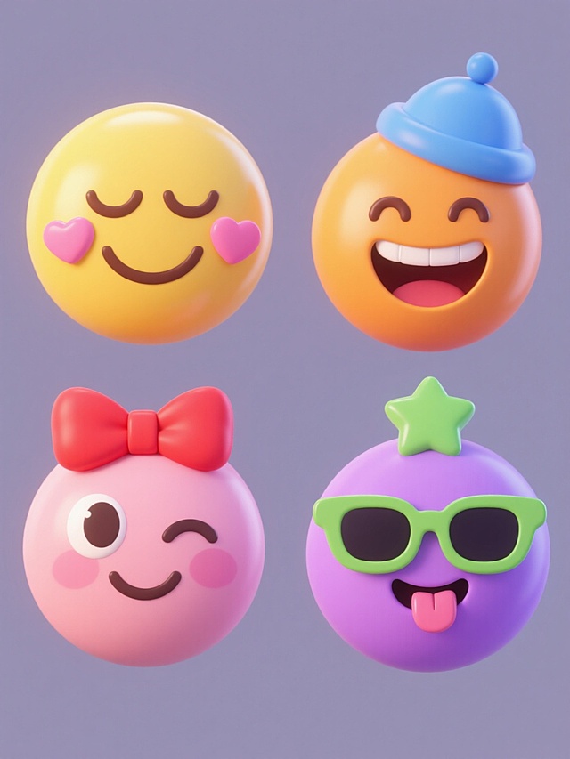 一组四个不同造型的微笑表情符号系列素材，保持3D立体风格，光滑圆润的表面质感，温暖明亮的渐变色调，柔和的高光和自然阴影效果，每个表情都带有独特的微笑元素：第一个是闭着眼睛、脸颊两侧有粉色心形的黄色笑脸，第二个是戴着蓝色小帽子、嘴角上扬露出牙齿的橙色笑脸，第三个是戴着红色蝴蝶结、眼睛弯成月牙形的粉色笑脸，第四个是戴着绿色星星眼镜、舌头微微伸出的紫色笑脸，所有表情符号规整地排列在纯色背景上，视觉层次分明，信息传达清晰，适合作为可爱风格的系列素材集合。