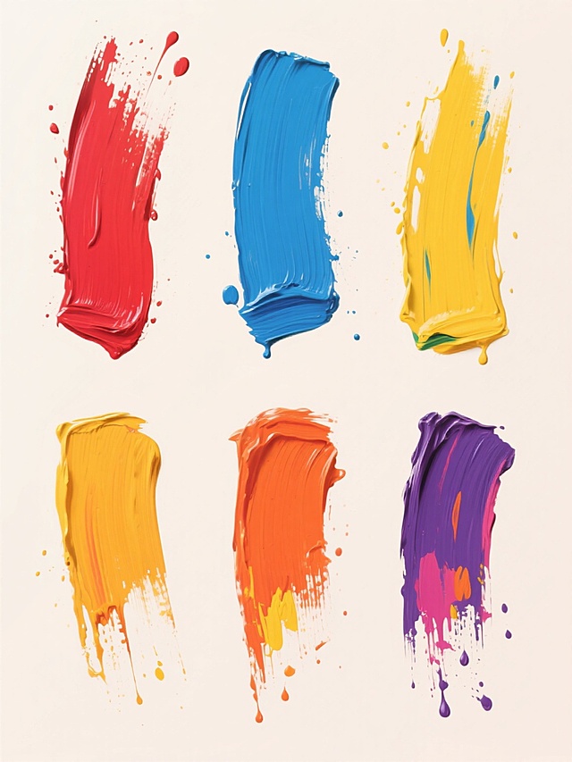 明亮的浅色背景上，规律排列着6个不同配色、不同样式、不同笔触的「笔刷」元素，每个笔刷都呈现出类似抽象表现主义的大胆、奔放且富有动感的涂抹痕迹，色彩饱满鲜艳，包含红、蓝、黄、橙、紫等多种明亮色调，笔触具有油画般的厚重质感与明显的肌理变化，边缘带有自然的飞溅和滴落效果，整体构图平衡且充满艺术张力，营造出活泼而富有创造力的视觉氛围。
