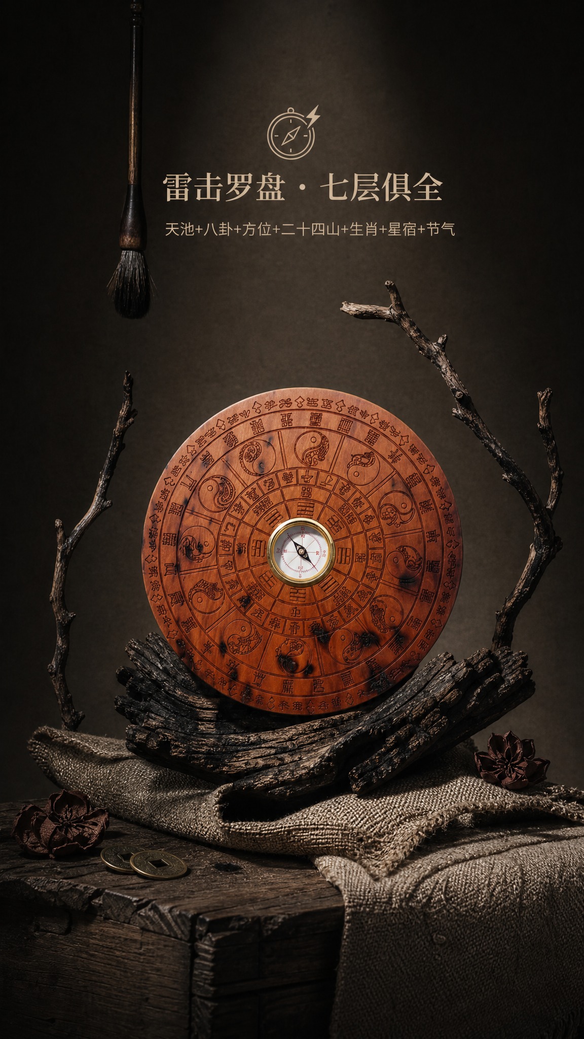 暗调复古国风产品展示图，深棕渐变背景，聚光打在木质罗盘上，周围… - 图片创意预览