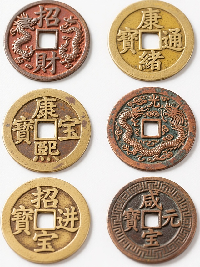六枚古铜钱，白色背景，分两行三列整齐排列。第一行从左到右：第一枚铜钱为红褐色，正面有“招财进宝”四字，周围有龙和麒麟图案；第二枚为黄铜色，正面有“康熙通宝”四字；第三枚为黄铜色，正面有“光绪通宝”四字。第二行从左到右：第一枚为黄铜色，正面有“招财进宝”四字；第二枚为铜色，正面有龙和凤图案；第三枚为深铜色，正面有“咸丰元宝”四字，周围有回纹边框。所有铜钱均为圆形方孔，具有古钱币特有的铜锈质感和历史沧桑感，文字为繁体汉字，笔画清晰，图案精美，整体呈现出古朴、庄重的氛围。