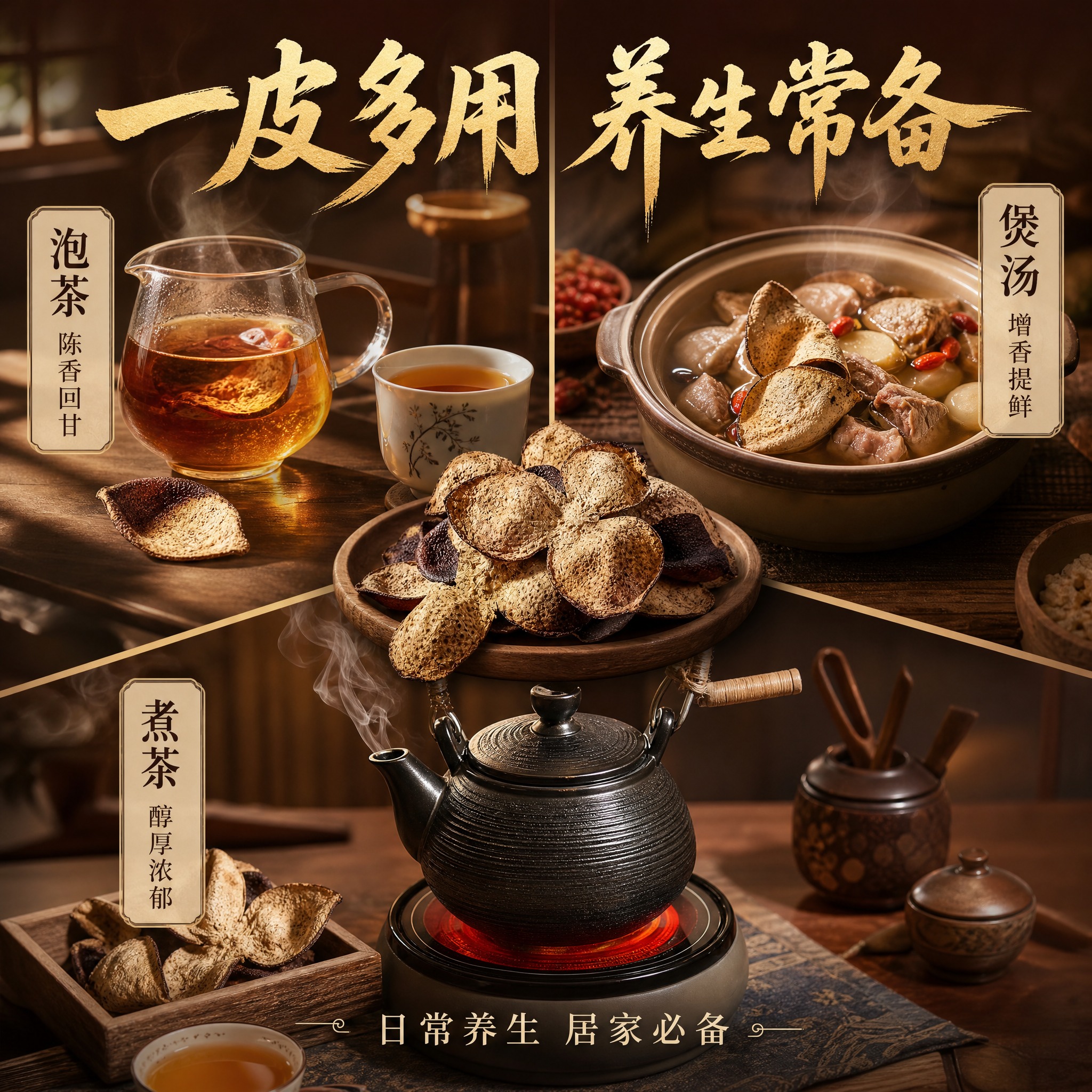 [主图-4] 新会陈皮多用场景图，展示可泡可煮可煲汤一皮多用，… - 图片创意预览