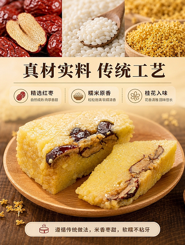 [商品] 使用【图8】桂花糕剖面切片实物图；保留糕体金黄软糯质地、红枣夹层、米粒颗粒感、木盘纹理，不修改产品外观，不重绘产品，不调色。
[画面] 原料与工艺页（成分专张），目标是突出真材实料与传统工艺。上方约40%为原料微距满版区域（红枣、糯米、桂花元素大尺寸呈现，单元素≥30%占比，主视觉合计≥50%），下方约60%为桂花糕剖面切片主体展示产品质地；产品占画面约45%，背景为暖棕木桌+浅黄米色调延展。
[视觉] 套系策略：风格=特产电商风，简洁克制，真实食材摄影感；标题字=商用免费宋体粗体（思源宋体风格）；正文字=商用免费无衬线体（思源黑体风格）；主色=暖金黄；背景延展=深棕木桌纹理+暖黄渐变叠层，做深浅同色系层级；强调色=枣红色，仅用于小面积图标、引线和标签点缀；标题色=深棕褐色；正文色=中暖棕色；组件=细线分隔、圆角浅底信息卡、简约食材图标；光影=左前侧暖柔光，自然食物摄影光影。
[文字] 顶部主标题「真材实料 传统工艺」8字，中部3个原料标签横排：「精选红枣」「糯米原香」「桂花入味」，底部短句说明：「遵循传统做法，米香枣甜，软糯不粘牙」。文字全部横向排版，原料名称字号醒目。
[规格] 图片比例3:4竖版，宽度750px，4K分辨率，负向提示：避免产品变形、颜色改变、文字竖排、文字过小、冷蓝背景、多余装饰、绝对化用语、医疗功效承诺、重绘产品。