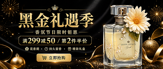 基于图中的香水产品，生成750*300px尺寸的电商节日促销图，画面包含促销活动机制和商品卖点文案，换做华丽高级的黑金节日促销风格，适配平台banner展示