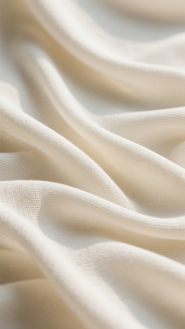 一张极简风格的米白色精致布料特写摄影，画面聚焦于布料细腻柔和的纹理，布料呈现出自然流畅的波浪形褶皱，优雅地折叠起伏，光线从上方柔和洒落，形成明暗交织的光影层次，凸显出布料的轻盈质感与顺滑垂坠感，色调以纯净的米白和温暖的浅黄为主，整体氛围宁静、高级且富有质感，细节清晰展现布料的编织纹理和微妙光泽，给人一种柔软舒适的视觉感受。预览效果