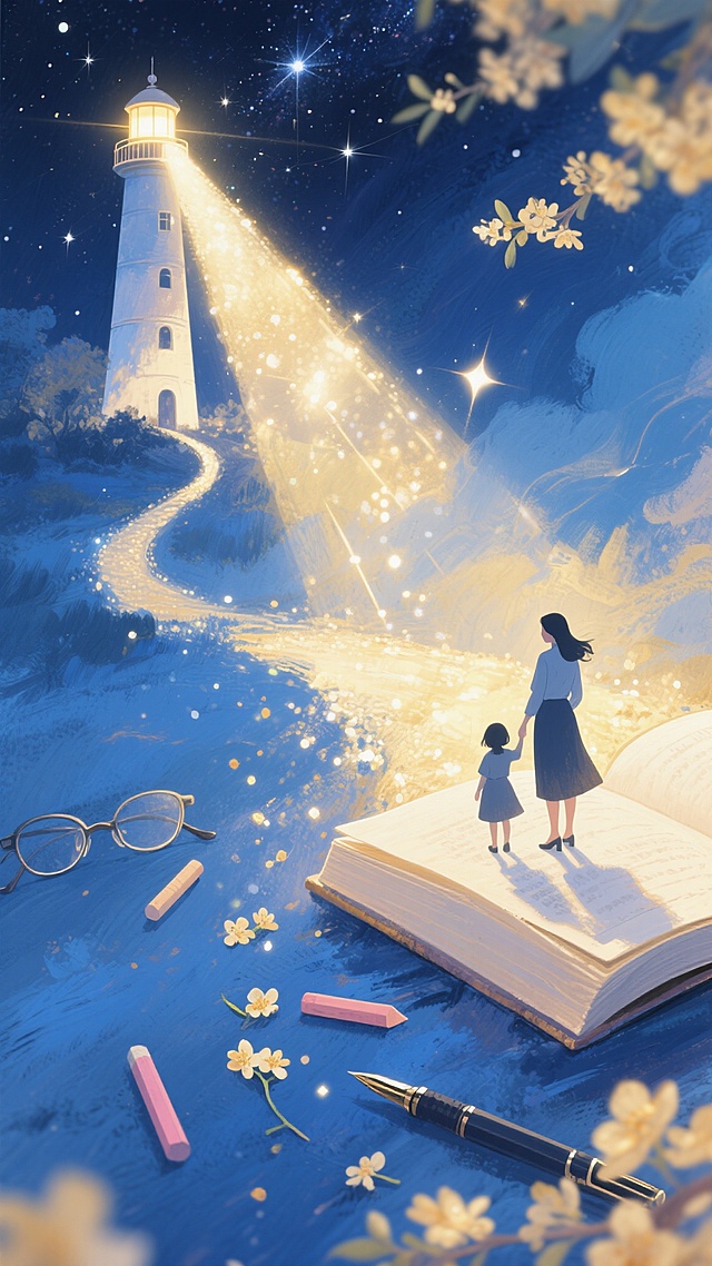 中国风海报。右下角一本巨大的展开的书籍，书籍上站立着一个女性教师牵着一个小女的剪影，左上角是明亮的灯塔和星空。书籍和灯塔之间有一条知识之光的路。路上散落着粉笔、眼镜、钢笔和桂花。蓝金色调，深邃夜空，璀璨光芒，宏伟史诗感，3D渲染，OC渲染，细节惊人。