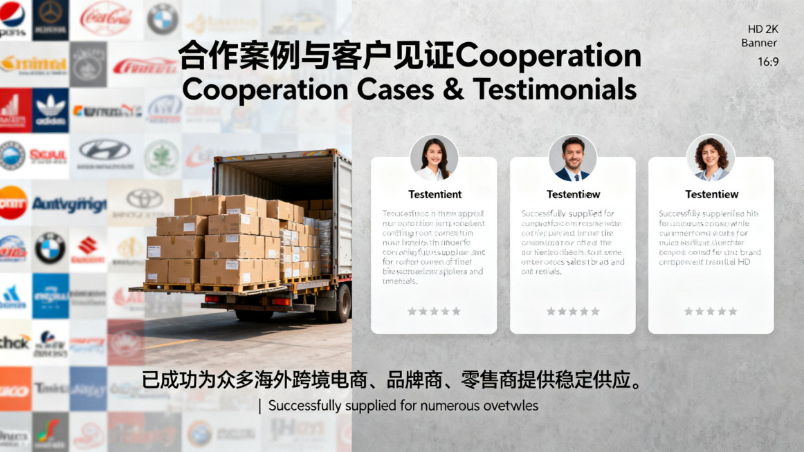 16:9 cooperation cases banner, split layout: left side shows mosaic of blurred international brand l预览效果