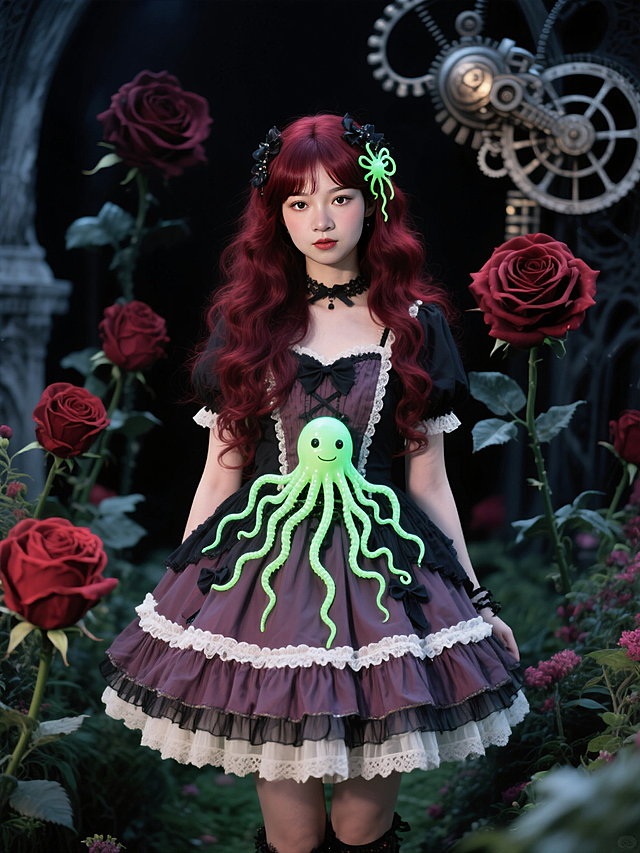 中洛丽塔蛋糕裙摆， 荧光生物触须配饰，哥特式花园与机械玫瑰，暗黑童话风格