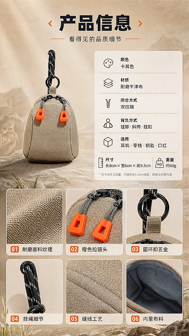 [商品] 使用【图1】卡其色多功能斜挎小包；商品处理：保留迷你立体小背包造型、双拉链橙色拉头、黑色圆环扣、黑白点纹挂绳、卡其色耐磨面料和整体结构；自然理顺面料褶皱，增强面料纹理质感、拉链五金光泽和缝线细节，不改变版型、颜色和结构。
[画面] 目标：产品参数+细节宫格收尾页。构图：上半部分左侧产品正面标准图（占40%宽度），右侧基本参数卡片（占60%宽度），列出颜色、材质、重量、尺寸等信息；下半部分6宫格细节图，分别展示：①面料纹理微距 ②橙色拉链头 ③圆环扣五金 ④挂绳细节 ⑤缝线工艺 ⑥内里布料；背景为浅卡其色渐变+细腻纹理。阅读动线：顶部标题→上半部分产品+参数→下半部分6宫格细节从左到右从上到下。
[视觉] 套系策略：风格=山系机能户外商业摄影；标题字=粗黑体硬朗无衬线；正文字=简洁无衬线体；主色=卡其棕；背景延展=基于卡其棕做深浅层级、同色渐变和户外自然肌理（岩石/草地/帆布纹理）；强调色=荧光橙，仅用于小面积图标、引线、标签和拉链呼应；标题色=深炭灰；正文色=中暖灰；组件=直角浅底信息卡、粗线引线、机能风图标；光影=左前侧自然光，柔和硬朗兼具，产品底部有自然接触阴影。
[文字] 顶部主标题"产品信息"，副标题"看得见的品质细节"；参数卡片内容：颜色-卡其色 / 材质-耐磨牛津布 / 闭合方式-双拉链 / 背负方式-挂脖·斜挎·挂扣 / 适用-耳机·零钱·钥匙·口红；6宫格每格下方标注对应细节名称；所有文字横排，字号保证手机端清晰可读。
[规格] 图片比例9:16竖版，4K，避免变形、错字、文字过小、冷蓝/蓝灰背景、产品颜色改变、版型失真、纯白背景。
