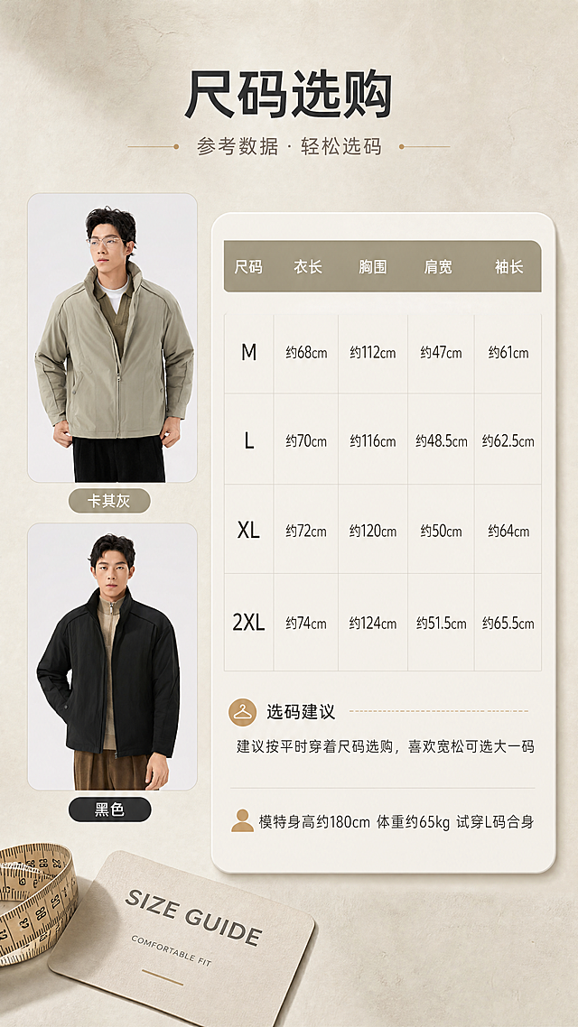 [商品] 使用【图3】卡其灰立领夹棉夹克正面图与【图5】黑色款正面图，作为尺码页商品展示；保留版型、颜色、立领、拉链等全部结构；商品处理：自然去皱，理顺垂坠，增强面料质感，不改变版型结构。
[画面] 目标：尺码与选购信息页，辅助下单决策。构图：左侧上半部分放卡其灰款正面小图（占画面30%），左侧下半部分放黑色款小图（占20%），右侧大面积放尺码表格与选码建议；左右分栏，左图右表。场景：浅卡其灰纸张质感背景，底部有柔和投影，左下角点缀一把软尺与一张尺码卡片，增加选购氛围。
[视觉] 套系策略：风格=极简高级都市通勤商业摄影；标题字=现代无衬线粗体（字重偏粗）；正文字=简洁无衬线体（常规字重）；主色=卡其灰；背景延展=基于卡其灰做深浅层级、同色渐变与细腻纸张/微水泥质感；强调色=暖驼色，仅用于小面积图标、引线和标签；标题色=深炭灰；正文色=中暖灰；组件=圆角浅底信息卡、细线引线、轻量英文装饰；光影=左前侧45度暖柔光，柔和明暗过渡。
[文字] 顶部主标题「尺码选购」（4字），副标题「参考数据 · 轻松选码」；右侧表格含字段：尺码（M/L/XL/2XL）、衣长、胸围、肩宽、袖长（数值用约数，如「约68cm」）；表格下方选码建议：「建议按平时穿着尺码选购，喜欢宽松可选大一码」；底部模特信息小字：「模特身高约180cm 体重约65kg 试穿L码合身」；文字均横向排版，表格清晰手机可读。
[规格] 淘宝/天猫详情页单屏9:16竖版，4K，负向：避免变形、错字、文字过小、冷蓝/蓝灰背景、衣服颜色改变、版型失真、极限词、平台Logo水印。