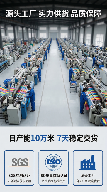 1688丙纶包边织带详情页第五屏工厂实力，长图版式，浅灰色背景，上半部分展示现代化工厂生产车间全景图，生产线设备整齐排列，做适度虚化处理，下半部分三个方形认证图标矩阵排列，分别标注SGS检测认证、IS预览效果