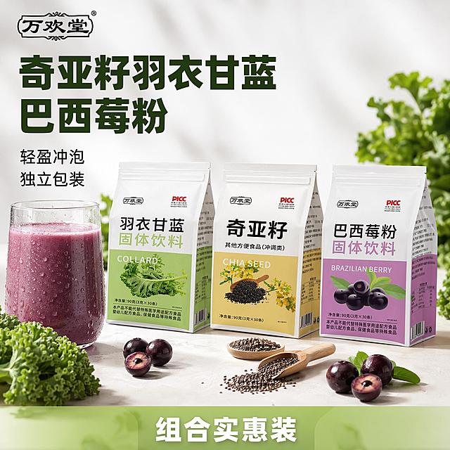 [主图-1] 奇亚籽羽衣甘蓝巴西莓粉组合装产品首图。
[氛围风格] 拼多多电商风格，简洁大方，性价比突出，大字卖点直观。
[画质] 商业摄影质感，光线柔和通透，产品清晰真实，画面干净高级。
[元素] 三袋产品（奇亚籽、羽衣甘蓝、巴西莓粉）整齐居中摆放，搭配一杯冲泡好的粉饮，杯壁带有水珠，周围散落新鲜羽衣甘蓝叶片、奇亚籽颗粒和整颗巴西莓，真实食材点缀。保持三款产品的外观包装、物理结构、材质质感、颜色与输入图片绝对一致，杜绝任何变形和色差，精细化处理。商品主体占比严格控制在70%左右，画面满屏无边框。左上角保留原产品"万欢堂"品牌Logo，不遮挡主体。
[光影] 明亮自然光从左侧照射，整体光线均匀通透，食材和产品边缘轮廓清晰，背景干净简洁，突出食欲感和新鲜感，阴影柔和不生硬。
[配色] 背景为干净浅灰白色，主色调提取产品包装的绿、黄、紫三色，配色自然清新，符合健康食品定位。
[视角构图] 平视视角，产品组合为中心，景深适中，产品完整不裁切。
[文字版式] 左上品牌Logo下方，左对齐大字主文案"奇亚籽羽衣甘蓝巴西莓粉"，深绿色最大号粗体无衬线字体。下方辅助文案分两行，"轻盈冲泡""独立包装"，字号约为主文案一半，黑色常规字重。底部淡绿色半透明悬浮条，居中文字"组合实惠装"，白色粗体字。所有文字不遮挡产品主体，文字清晰可读。
[输出要求] 1:1比例，文字清晰可辨，超高清商业摄影质感，不添加任何功效性文字，不进行虚假宣传。
[负向提示词] 变形，文字错乱，产品图模糊，背景杂乱，水印，电商平台Logo，功效性文字，虚假宣传内容，绝对化违禁词。