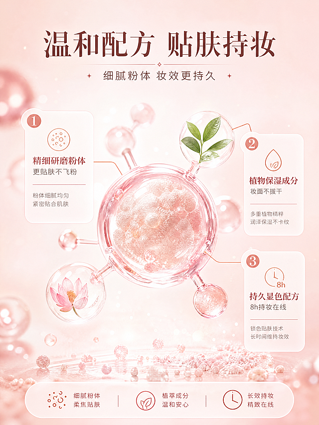 [商品] 本页为成分/机理专页，无需产品主体垫图；通过粉体分子、植物精华元素与配方机理示意图表达安心配方与持久贴肤逻辑。
[画面] 目标：成分与功效理由页，建立配方安心感与贴肤持久的机理认知。构图：成分展示型，中央大尺寸3D粉体分子/植物精华颗粒占画面约50%，周围环绕3组编号功效卡片；底部点缀微量粉体元素。前中后景：前景悬浮分子颗粒，中景核心成分元素+信息卡，后景粉白渐变柔雾背景+微光粒子。
[视觉] 套系策略：风格=韩系清透高级彩妆商业摄影；标题字=纤细优雅衬线粗体；正文字=简洁无衬线体；主色=柔雾蜜桃粉；背景延展=基于蜜桃粉做深浅渐变、柔雾质感与同色系光斑层次；强调色=玫瑰金，仅用于小面积图标、引线和装饰线条；标题色=深棕粉；正文色=暖灰粉；组件=圆角半透明粉白信息卡、细线玫瑰金引线；光影=中心柔光向外扩散，分子带通透质感。
[文字] 顶部主标题「温和配方 贴肤持妆」，副标题「细腻粉体 妆效更持久」；3组编号卖点环绕分布：「① 精细研磨粉体 更贴肤不飞粉」「② 植物保湿成分 妆面不拔干」「③ 持久显色配方 8h持妆在线」；核心分子/数字元素放大占主画面，文字横向排版。
[规格] 国内电商详情页3:4竖版，4K分辨率，负向提示：避免变形、错字、文字过小、冷蓝/冷灰背景、医疗功效表述、绝对化用语、虚假承诺。