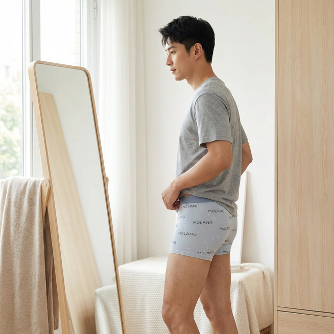 基于提供的男士内裤图片，生成淘宝天猫男士内裤主图第三张，风格舒适生活化，柔和自然光。一位亚洲男性身着浅灰色家居上衣和浅蓝色款MOLANG印花男士内裤，自然站立在简约卧室的落地镜前，侧身展示内裤的穿着贴预览效果