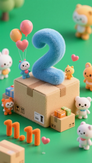 毛毡风格蓝色立体数字 “2” 坐在堆满商品的快递箱上，数字周围点缀着满减标识、爆款贴纸、可爱玩偶等促销小元素；左下角添加 “11.11” 橙色艺术字体，辅以气球、爱心元素，绿色背景。预览效果