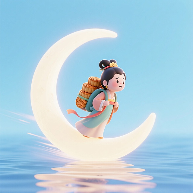 软3D风梦幻卡通，少女背月饼坐月牙，中秋佳节温馨场景。