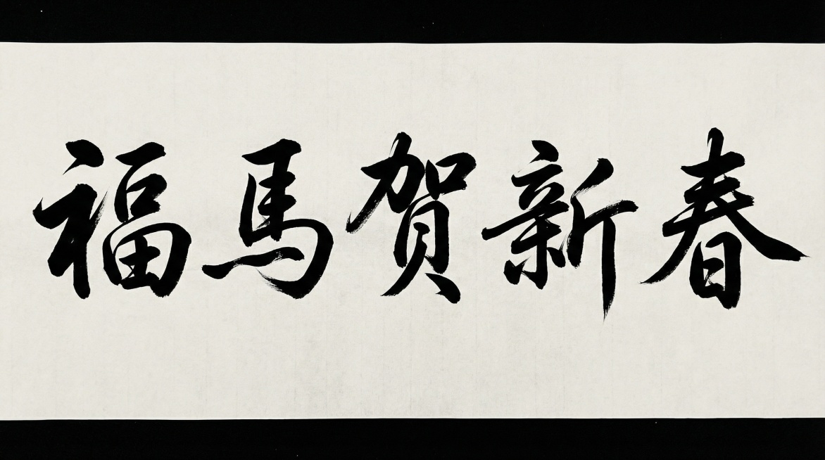 参考图中黑色字体的字形，生成文字“福马贺新春”，白色背景预览效果
