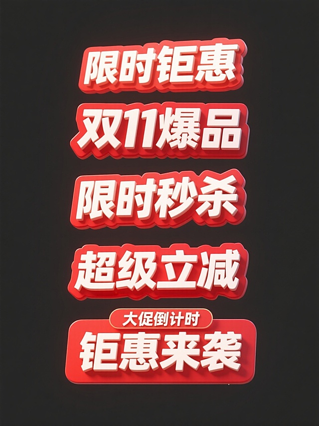 具有强烈促销感的电商促销标签集合，采用3D立体设计风格，红色为主色调，白色为文字和高光颜色，具有明显的渐变光影效果，高光位于右上角，阴影在底部和左侧形成立体感，6个规整排布的促销标签，每个标签均为规整排布的单一促销标签，标签文案分别为“限时钜惠”、“双11爆品”、“限时秒杀”、“超级立减”、“大促倒计时”、“钜惠来袭”，每个标签采用纯色背景，字体为无衬线粗体