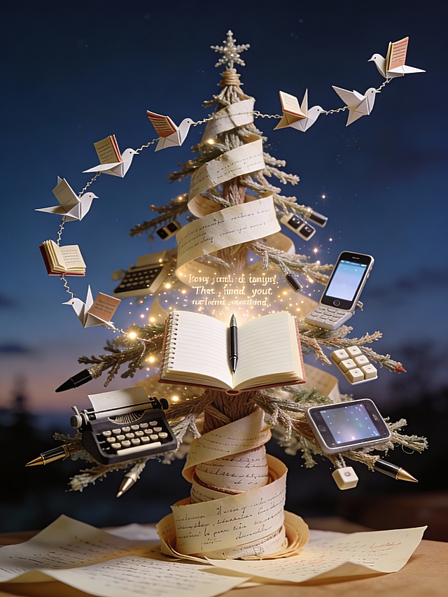复古纸艺风圣诞树，融合书页、打字机与老式手机，光影交织中透出文艺与梦幻感，微缩艺术展现故事与温馨的节日氛围。