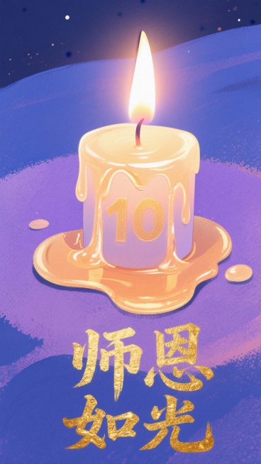 融化的蜡烛的烛油，慢慢汇聚成数字 “10”，背景是深邃而温柔的蓝紫色夜空，蓝色与紫色相互交融，过渡自然，在蜡烛下方，展开着烫金质感的艺术字体 “师恩如光”。字体的笔画粗壮有力，预览效果