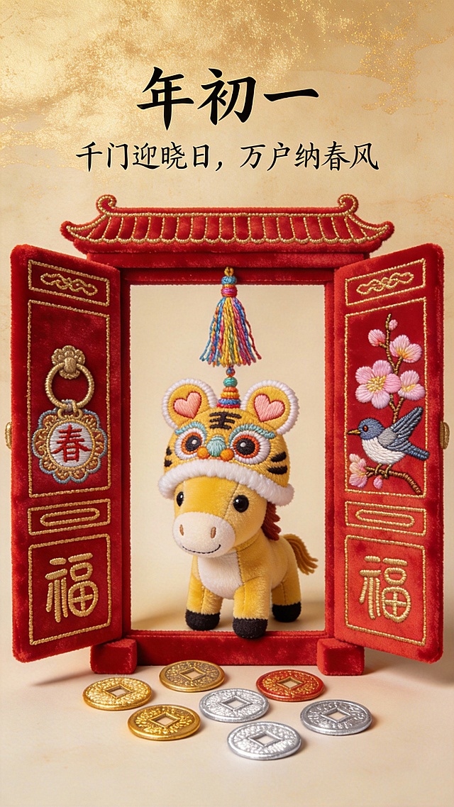 国潮风微缩艺术，刺绣质感红门开合，卡通虎戴传统帽，喜庆迎春，福字花鸟点缀，金玉铜钱铺陈，中式年味浓。