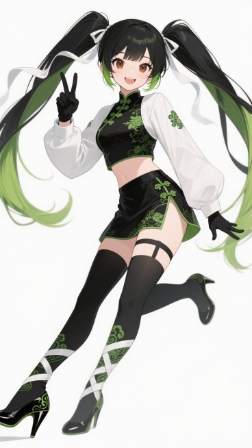 二次元动漫风格立绘，中国风美少女角色，黑色长发带绿色挑染，扎双马尾，发尾有白色飘带，棕色眼眸，面带微笑，穿着黑色为主带绿色花纹的短款上衣，白色长袖外套，黑色短裙，大腿处有白色和绿色相间的花纹绑带，黑色长筒袜，绿色花纹装饰的黑色高跟鞋，左手戴着黑色长手套伸出，右手抬起比出“V”字手势，单脚向后抬起，姿态轻盈灵动，白色背景，线条流畅，色彩鲜明，保留角色所有服饰细节和特征，整体保持原角色的中国风与动……预览效果