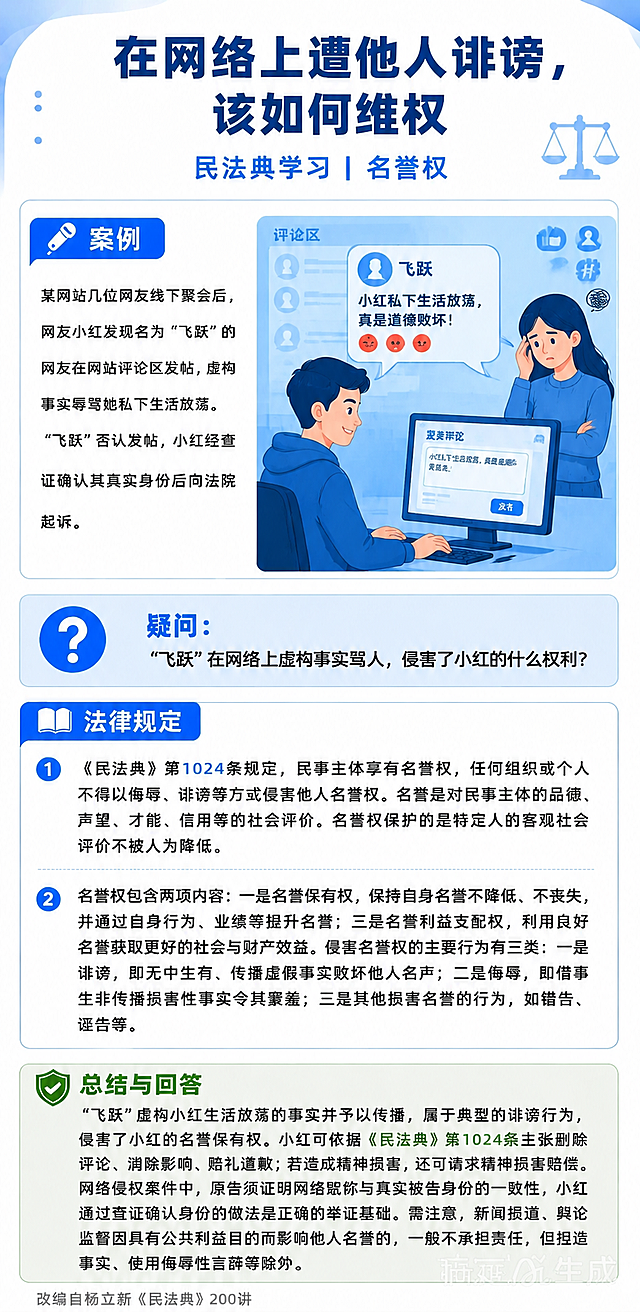 精确复刻参考图的版式骨架、配色体系、整体风格与布局结构，保持完全一致的视觉风格和排版框架，仅替换文字内容和右侧案例区的插画，其他所有设计元素（包括顶部蓝色弧形装饰、各区块的背景色、圆角卡片样式、图标样式、字体层级、间距比例、底部来源标注位置等）全部保持不变。

【主标题区】
- 主标题文字改为："在网络上遭他人诽谤，该如何维权"
- 副标题文字改为："民法典学习 | 名誉权"
- 右上角天平图标保持不变

【案例区】（左侧文字+右侧插画的左右分栏结构保持不变）
- 左侧"案例"标签及麦克风图标样式保持不变
- 左侧案例文字替换为：
  "某网站几位网友线下聚会后，网友小红发现名为'飞跃'的网友在网站评论区发帖，虚构事实辱骂她私下生活放荡。'飞跃'否认发帖，小红经查证确认其真实身份后向法院起诉。"
- 右侧插画区域替换为：网络诽谤主题的扁平风格插画，画面展示一个人在电脑前发布恶意评论，评论气泡中有诽谤性文字，旁边有一位女性（代表小红）表情困扰，背景有社交媒体界面元素和评论区界面，整体蓝色调与原图风格一致，插画风格与参考图的扁平插画风格完全匹配

【疑问区】（结构保持不变）
- 左侧蓝色问号圆形图标保持不变
- "疑问："标题保持不变
- 疑问文字改为："'飞跃'在网络上虚构事实骂人，侵害了小红的什么权利？"

【法律规定区】（结构保持不变）
- 顶部"法律规定"标签及书本图标样式保持不变
- 内容改为两条编号条目：
  1. "《民法典》第1024条规定，民事主体享有名誉权，任何组织或个人不得以侮辱、诽谤等方式侵害他人名誉权。名誉是对民事主体的品德、声望、才能、信用等的社会评价。名誉权保护的是特定人的客观社会评价不被人为降低。"
  2. "名誉权包含两项内容：一是名誉保有权，保持自身名誉不降低、不丧失，并通过自身行为、业绩等提升名誉；二是名誉利益支配权，利用良好名誉获取更好的社会与财产效益。侵害名誉权的主要行为有三类：一是诽谤，即无中生有、传播虚假事实败坏他人名声；二是侮辱，即借事生非传播损害性事实令其蒙羞；三是其他损害名誉的行为，如错告、诬告等。"

【总结与回答区】（结构保持不变）
- 左侧绿色盾牌对勾图标保持不变
- "总结与回答"标题保持不变
- 总结文字替换为：
  "'飞跃'虚构小红生活放荡的事实并予以传播，属于典型的诽谤行为，侵害了小红的名誉保有权。小红可依据《民法典》第1024条主张删除评论、消除影响、赔礼道歉；若造成精神损害，还可请求精神损害赔偿。网络侵权案件中，原告须证明网络昵称与真实被告身份的一致性，小红通过查证确认身份的做法是正确的举证基础。需注意，新闻报道、舆论监督因具有公共利益目的而影响他人名誉的，一般不承担责任，但捏造事实、使用侮辱性言辞等除外。"

【底部】
- 底部小字改为："改编自杨立新《民法典》200讲"

画面中所有文字必须清晰可读，数字"1024"必须精确渲染，不得错位、遗漏或编造。所有信息区域必须填充完整合理的内容，不得出现空白框或占位。版式精美，整体风格与参考图高度一致。