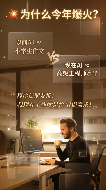现代办公室场景，画面顶部大字"💥 为什么今年爆火？"，中间对比文字"以前AI ≈ 小学生作文" vs "现在AI ≈ 高级工程师水平"，底部引号文字"程序员朋友说：我现在工作就是给AI提需求！"，程预览效果