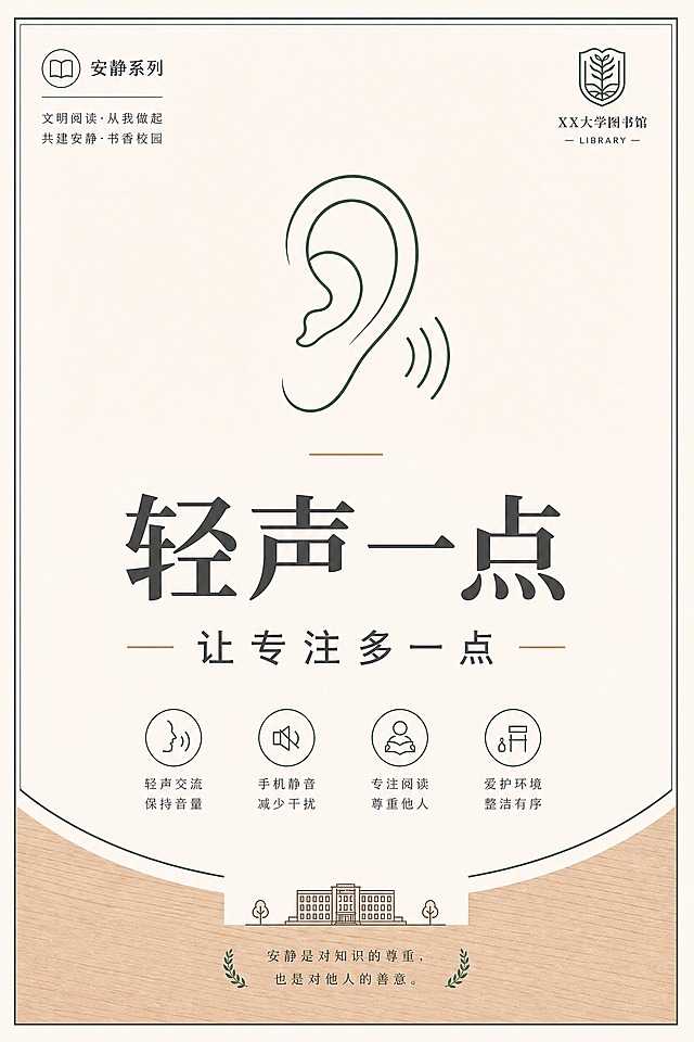 大学图书馆文明提示海报，极简校园公共空间风格，简约清爽克制高级。米白色背景，浅暖灰色和原木色调为主，深绿色细线点缀。画面中央偏上位置有一个极简线稿风格的耳朵图标，线条纤细优雅。主标题大字居中："轻声一点"，副标题在下方："让专注多一点"，文字为深灰色。左上角有小字系列标识："安静系列"。大量留白，信息层级清晰，远距离可快速看清主标题。无人物照片，无复杂插画，无商业广告感，无促销标签。版式精美，适合大学图书馆长期张贴。画面中所有信息区域必须填充完整合理的内容，不得出现空白框或占位。