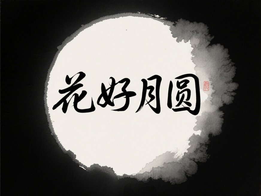 黑色背景，中国传统写意书法风格，行草笔意，笔墨浓淡干湿变化自然，居中构图，文字“花好月圆”，四周留白，苍茫古朴而灵动预览效果