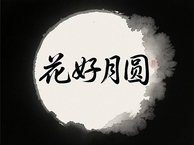 水墨风中式设计，大字“花好月圆”彰显节日氛围，意境深远。