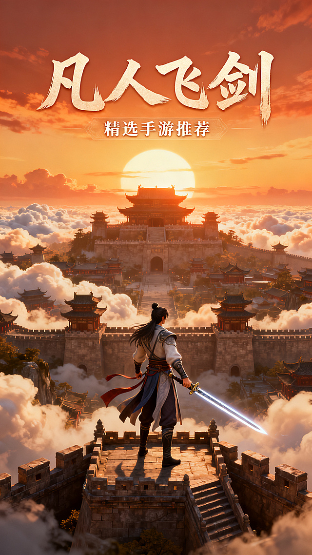 3D仙侠手游宣传图，夕阳下的仙侠古城，主角手持飞剑站立城楼上，远处云海翻腾，主标题文字"凡人飞剑"，副标题文字"精选手游推荐"，史诗感仙侠场景，3D渲染，高品质画质