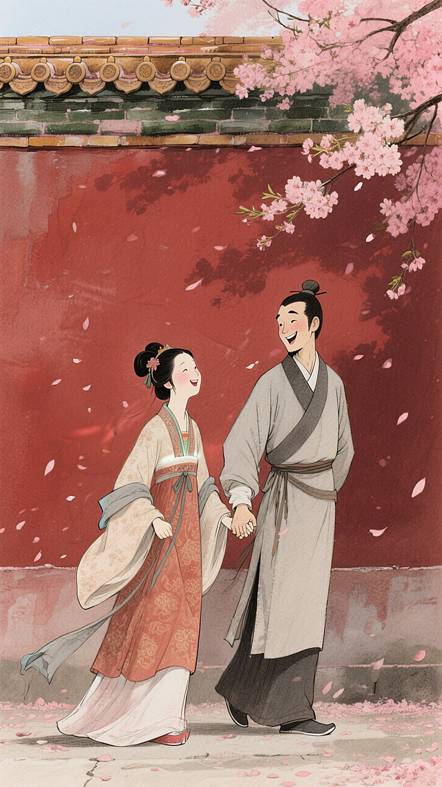 正面，远景，暗红色宫墙背景，人物身穿古代服饰，一个男子拉着一个女子嬉笑，暖色调浪漫感氛围，桃花点缀