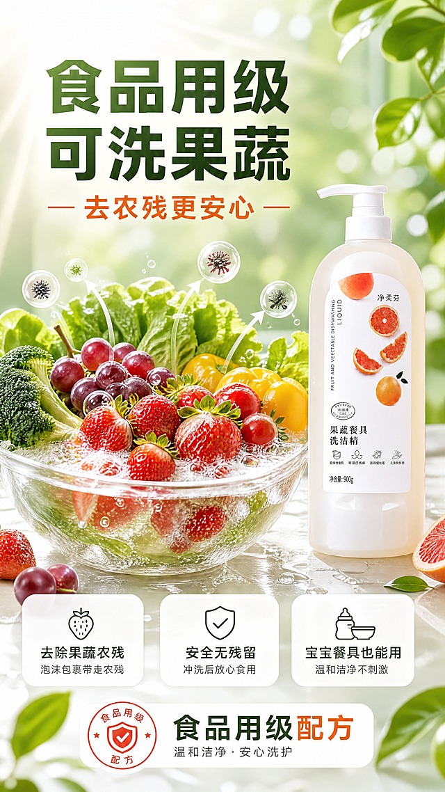 [商品] 使用【图1】净柔芬西柚果蔬餐具洗洁精；保留淡黄色透明瓶身、白色泵头、净柔芬品牌名、果蔬餐具洗洁精字样、西柚图案标签；瓶身标签文字和图案保持原样。
[画面] 第5张 果蔬清洗，目标展示食品用级安全可洗果蔬，场景展示型。画面中央是一盆清水，里面放着新鲜的草莓、葡萄、青菜等水果蔬菜，水面有丰富的泡沫和水滴，旁边放着产品瓶（保持原图外观）。用可视化方式表现去除农残的效果：水果蔬菜表面的农残被泡沫包裹带走。背景是清新的绿色渐变，有阳光和绿叶元素。整体清新自然，突出安全健康。
[视觉] 套系策略：风格=拼多多高性价比+清新洁净商业摄影；标题字=粗黑体大字；正文字=清晰无衬线体；主色=西柚橙+清新绿；背景延展=清新绿色渐变+阳光光斑+水纹质感；强调色=正红色，仅用于重点标签和认证标识；标题色=深绿色；正文色=深灰色；组件=圆角信息卡、认证徽章、细线图标；光影=自然光效，明亮通透，水果蔬菜新鲜有光泽。
[文字] 顶部大标题「食品用级 可洗果蔬」深绿色粗体；副标题「去农残更安心」橙色；中部三个卖点：去除果蔬农残；安全无残留；宝宝餐具也能用；底部认证徽章样式标注「食品用级配方」。文字全部横向排版。
[规格] 图片比例9:16竖版，4K，避免变形、错字、文字过小、绝对化用语、平台Logo、虚假功效承诺。