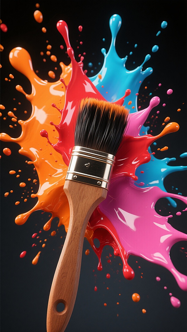 超写实3D渲染风格，黑色渐变背景，中央一支木质手柄、金属箍、黑色鬃毛的画笔，从笔尖向四周爆发式飞溅出橙色、红色、粉色、蓝色、青色等多种鲜艳油漆，油漆具有浓厚液态质感和流动光泽，伴有大量细小飞溅的油漆滴和喷雾，光影对比强烈，高光点缀在油漆边缘和液滴上，营造出动感、充满活力与艺术张力的氛围，整体构图聚焦于画笔与飞溅油漆的动态中心，色彩饱和且过渡自然，细节丰富，具有强烈的视觉冲击力和立体感。