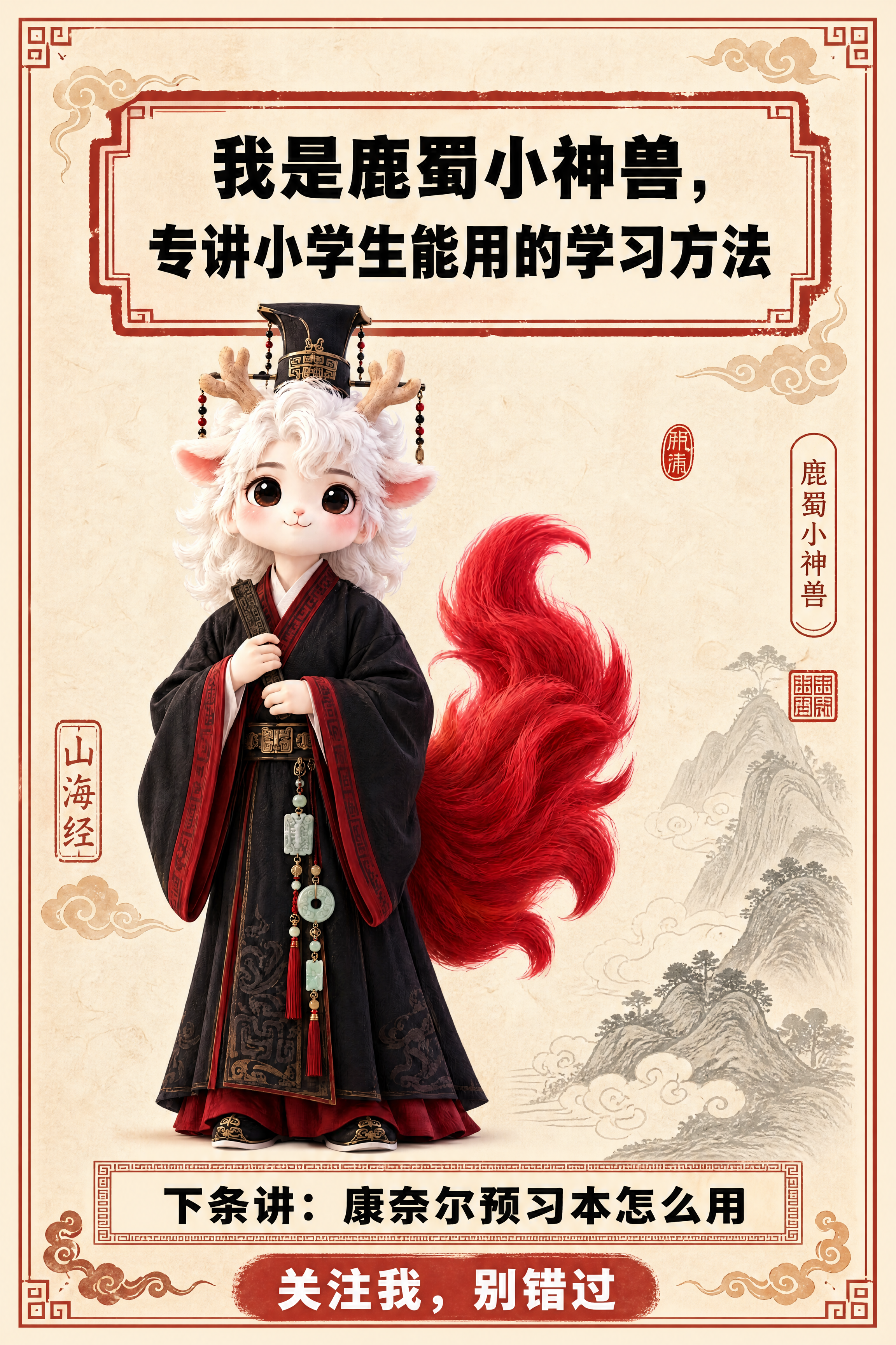 小红书笔记结尾页，统一模板，国风山海经风格，米黄色宣纸纹理背景… - 图片创意预览