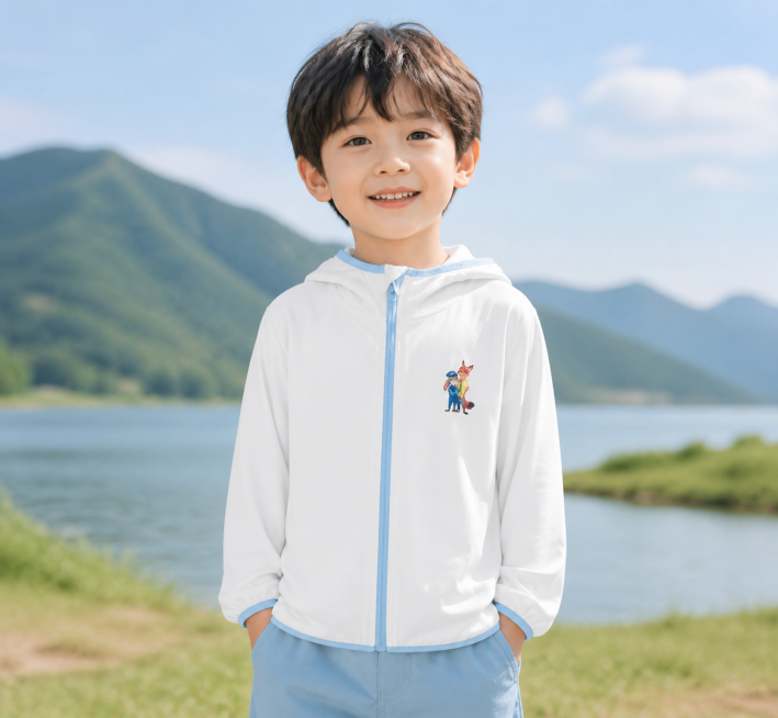 这件白底浅蓝色包边的儿童连帽防晒外套穿在男童身上，在户外自然场景拍摄上身效果图，清新自然风格预览效果