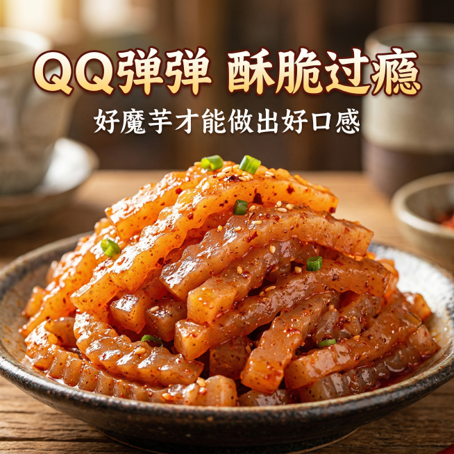 滇芋魔芋爽电商详情图口感特写，微距特写盘子里堆起的魔芋爽，表面油亮，根根分明，自然暖逆光凸显弹嫩质感，上方大标题 "QQ弹弹 酥脆过瘾"，副标题 "好魔芋才能做出好口感"，整体突出食欲感，风格和前面统预览效果
