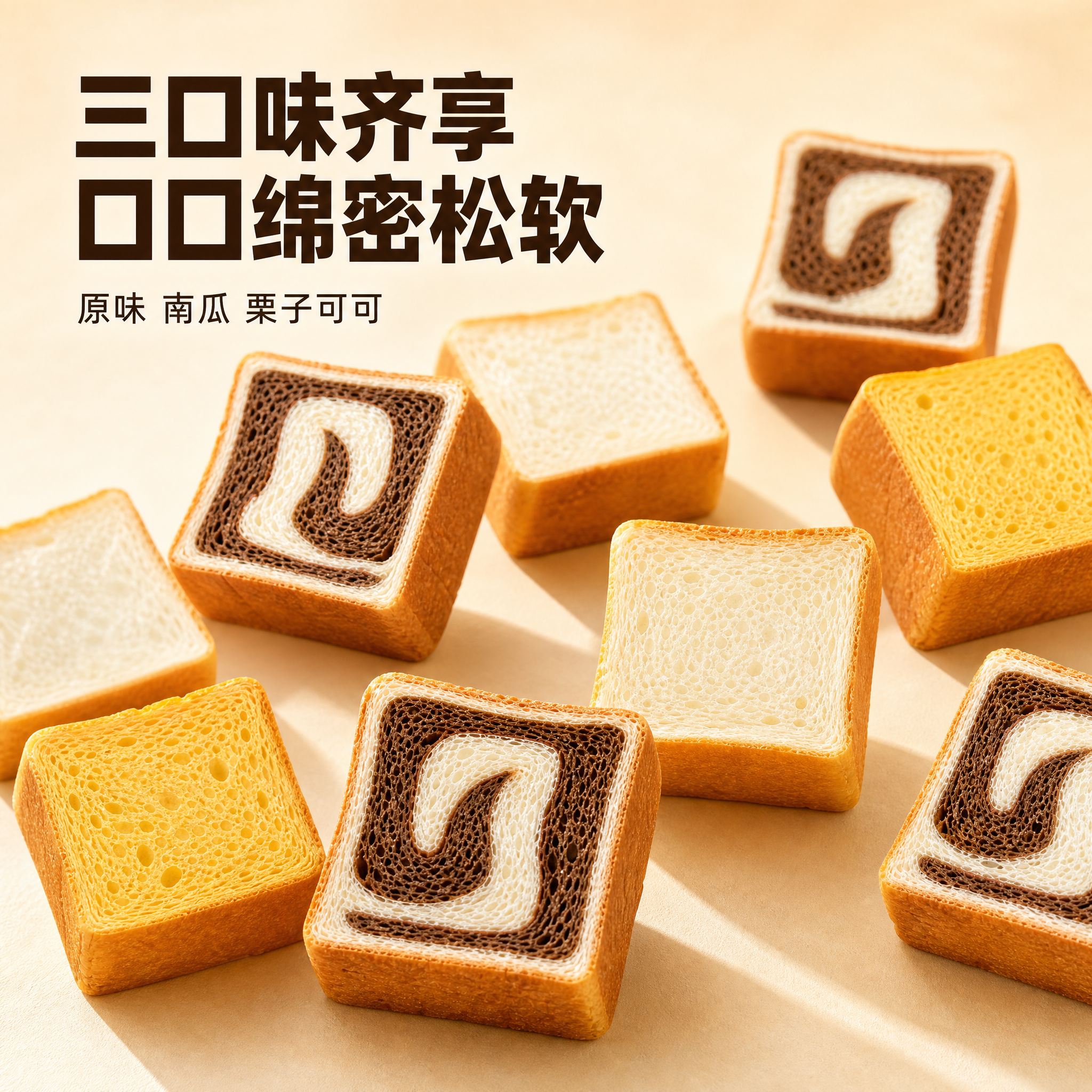 [主图-3] 三口味吐司多块排列展示，突出粒粒饱满绵密的质感，… - 图片创意预览
